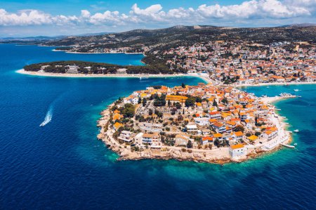 Photo for Aerial view of Primosten old town on the islet, Dalmatia, Croatia. Primosten, Sibenik Knin County, Croatia. Resort town on the Adriatic coast. Aerial view of adriatic town Primosten, Croatia - Royalty Free Image