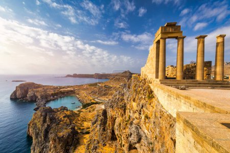 Photo for Ruins of Acropolis of Lindos view, Rhodes, Dodecanese Islands, Greek Islands, Greece. Acropolis of Lindos, ancient architecture of Rhodes, Greece. - Royalty Free Image