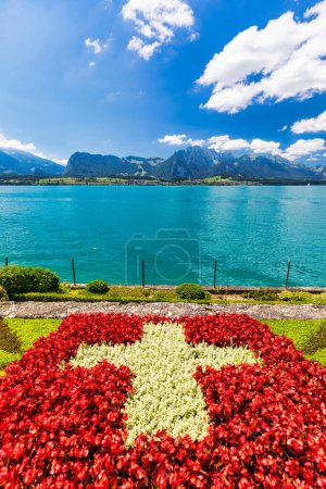 Photo for Flowerbed of the Swiss flag with boat cruise on the Thun lake and Alps mountains, Oberhofen, Switzerland. Swiss flag made of flowers and passenger cruise boat, Lake Thun, Switzerland. - Royalty Free Image