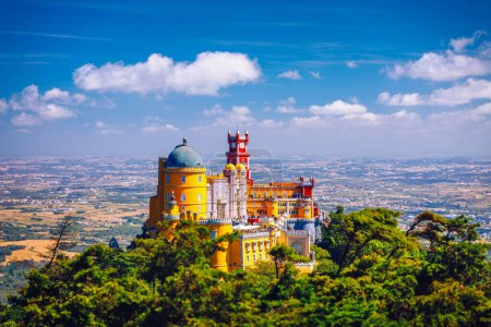 Photo for Palace of Pena in Sintra. Lisbon, Portugal. Travel Europe, holidays in Portugal. Panoramic View Of Pena Palace, Sintra, Portugal. Pena National Palace, Sintra, Portugal. - Royalty Free Image