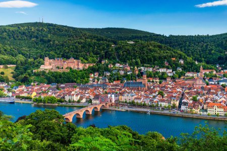 Photo for Heidelberg skyline aerial view from above. Heidelberg skyline aerial view of old town river and bridge, Germany. Aerial View of Heidelberg, Germany Old Town. Video of the aerial view of Heidelberg. - Royalty Free Image