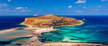 Photo for Amazing beach with turquoise water at Balos Lagoon and Gramvousa in Crete, Greece. Cap tigani in the center. Balos beach on Crete island, Greece. Landscape of Balos beach at Crete island in Greece. - Royalty Free Image