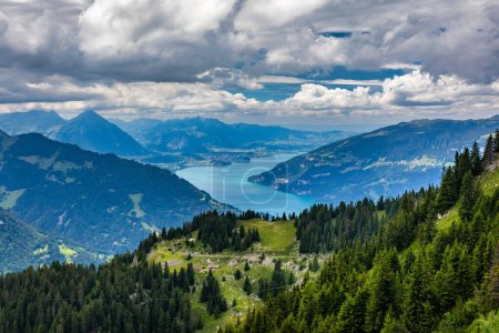 Beautiful Lake Thun and Lake Brienz view from Schynige Platte trail in Bernese Oberland, Canton of Bern, Switzerland. Popular mountain in the Swiss Alps called Schynige Platte in Switzerland.