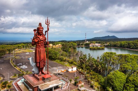 Shiva Statue, 33 m tall Hindu god, standing at the entrance of Ganga Talao - Grand Bassin lake the most sacred Hindu place on Mauritius. Hindu god Shiva, seen from above, Mauritius.