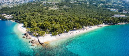 Belle vue aérienne de la plage de Punta Rata à Brela, Riviera de Makarska, Croatie. Vue aérienne de la plage de Punta Rata et du front de mer sur la riviera de Makarska, Brela, région de Dalmatie en Croatie.