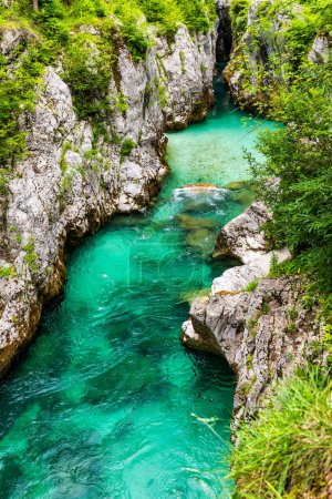 Incroyable gorge de la rivière Soca dans les Alpes slovènes. Great Soca Gorge (Velika korita Soce), parc national du Triglav, Slovénie. Grand canyon de la rivière Soca, Bovec, Slovénie. Gorge de la Soca dans le parc national du Triglav.