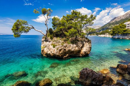 Kamen Brela symbole de la ville de Brela sur la côte adriatique de Dalmatie, Croatie. Kamen Brela, petite île célèbre de Brela, Riviera de Makarska, Dalmatie, Croatie.