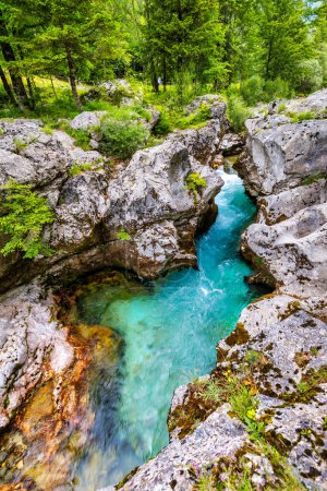 Amazing Soca river gorge in Slovenian Alps. Great Soca Gorge (Velika korita Soce), Triglav National park, Slovenia. Great canyon of Soca river, Bovec, Slovenia. Soca Gorge in Triglav National Park.