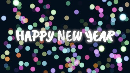 Foto de Dancing Happy New Year text in front of De-focused colorful bokeh lights or particles or fizz bubbles on vibrant color background. Happy New Year Card. - Imagen libre de derechos