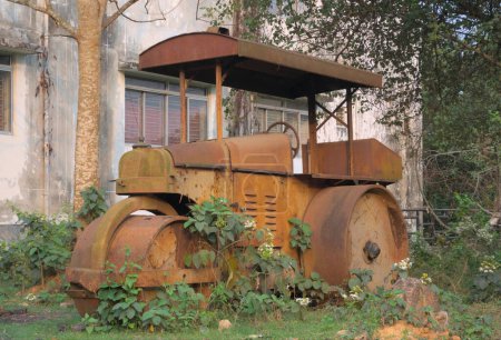 Abandoned old rusty road roller