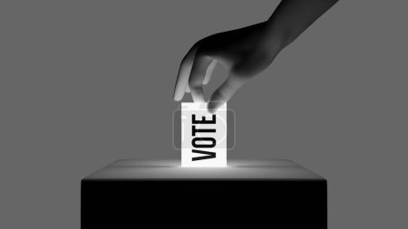 CGI hand casting vote in a ballot box. 3d render.