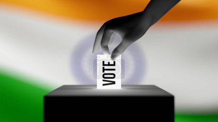 CGI Hand Stimmabgabe in einer Wahlurne. Indische Flagge im Hintergrund. 3D-Darstellung.