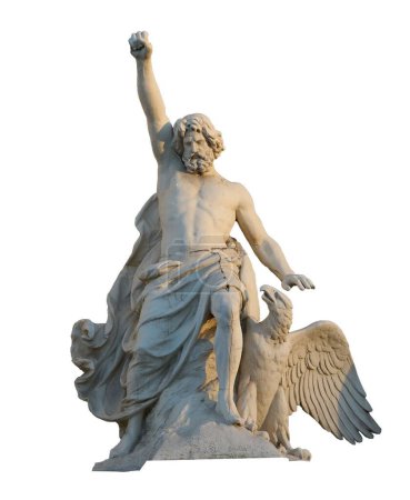 Eine isolierte Aufnahme einer Statue des Zeus und eines Adlers auf weißem Hintergrund