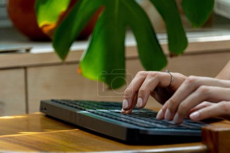Photo for A closeup of a lady's hands typing on a wireless keyboard on her computer - Royalty Free Image