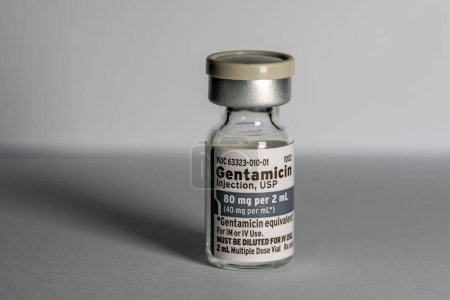 Téléchargez les photos : Une bouteille d'antibiotiques à base de gentamicine pour traiter les infections injectables - en image libre de droit