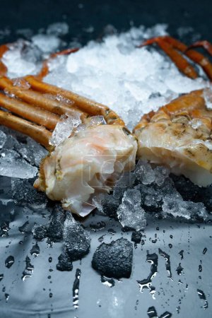Téléchargez les photos : Plan vertical de morceaux tranchés d'un crabe sur glace isolés sur un fond sombre - en image libre de droit