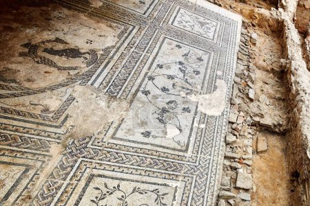 Téléchargez les photos : Une vieille mosaïque romaine endommagée trouvée à Astorga, Espagne - en image libre de droit