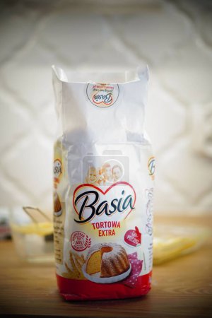 Photo for A closeup shot of Polish Basia brand white flour in an open bag - Royalty Free Image