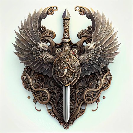 A 3D-rendered emblem medallion of a sword with wings before the white background