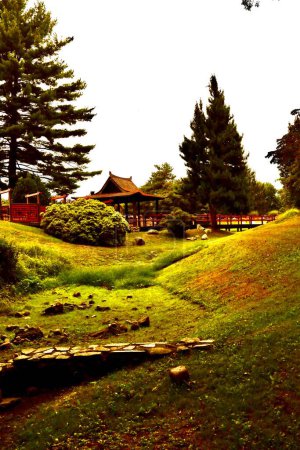 Foto de Parque escénico con plantas bien cuidadas y pabellón chino en el fondo - Imagen libre de derechos