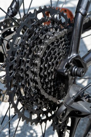 Téléchargez les photos : Plan vertical des plateaux d'une bicyclette sur fond flou - en image libre de droit
