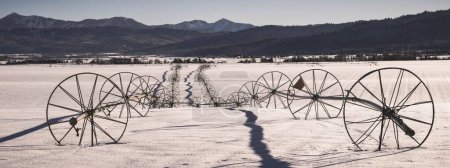 Foto de Una vista panorámica de viejas ruedas de vagón desgastadas pegadas en la nieve con montañas en el fondo - Imagen libre de derechos