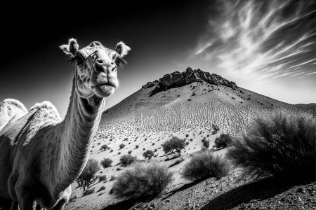 Photo for A hyper-realistic illustration of a camel in the desert in black and white. - Royalty Free Image