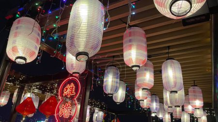 Photo for Colorful Decorative Paper Hanging Lanterns in Hong Kong during Mid-autumn Festival - Royalty Free Image