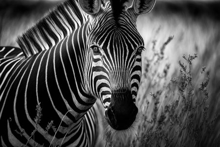 Photo for A hyper-realistic illustration of a zebra in the savanna in black and white. - Royalty Free Image