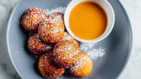 Photo for A top view of delicious donuts served with sweet sauce - Royalty Free Image