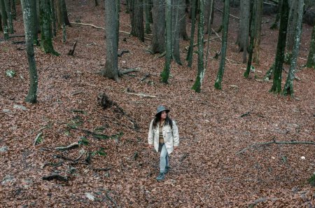 Téléchargez les photos : Vue de face de la belle fille randonnée en forêt en automne - en image libre de droit