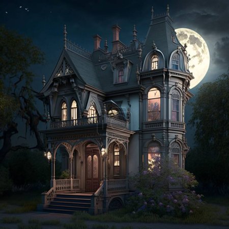 Foto de Una ilustración en 3D de una casa misteriosa de cuento de hadas gótica con la luna llena mostrando detrás de ella - Imagen libre de derechos