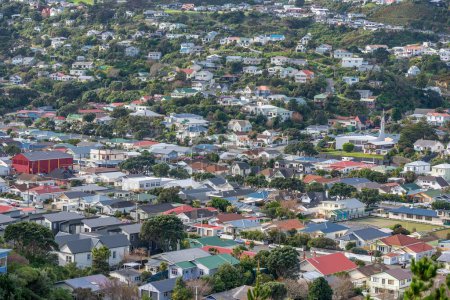 Photo for An aerial view of houses in coastal Island Bay in Wellington, New Zealand with lush green vegetation - Royalty Free Image