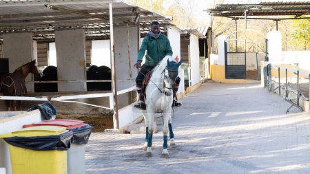 Téléchargez les photos : Un jockey masculin monté sur un cheval blanc pour l'entraînement - en image libre de droit