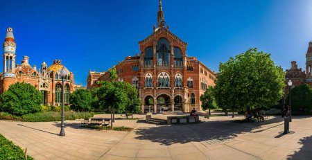 Photo for Panoramic Sant Pau Art Nouveau complex, work by architect Lluis Domenech i Montaner, details facade of a building with vegetation at front in a summer - Royalty Free Image