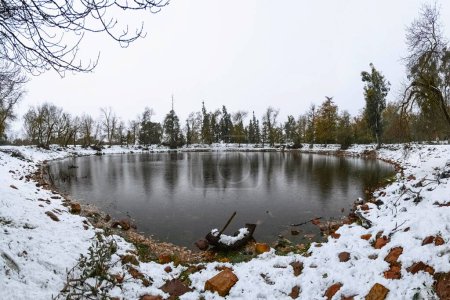 Photo for A beautiful shot of a lake in a forest covered in snow during the day in winter - Royalty Free Image