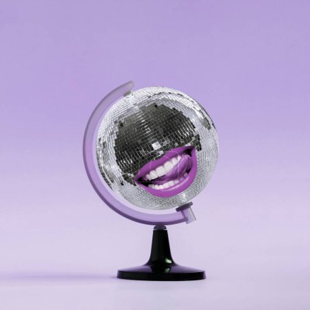 Photo for A 3D rendering of a disco ball with purple female lips sticker on a globe stand with purple background - Royalty Free Image