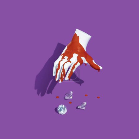 Téléchargez les photos : Une main de poupée sanglante sur des diamants, un concept minimaliste de 7 péchés mortels sur un fond violet - en image libre de droit