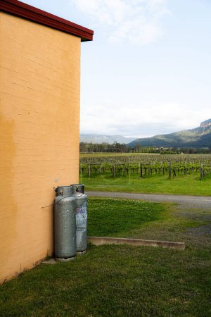 Téléchargez les photos : Un plan vertical de deux conteneurs de gaz près du vignoble à Hunter Valley, NSW - en image libre de droit