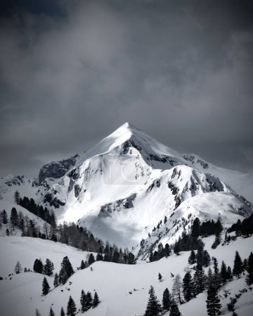 Téléchargez les photos : Une vue aérienne verticale de la station de ski sur les Alpes enneigées sur fond gris ciel nuageux en Autriche - en image libre de droit