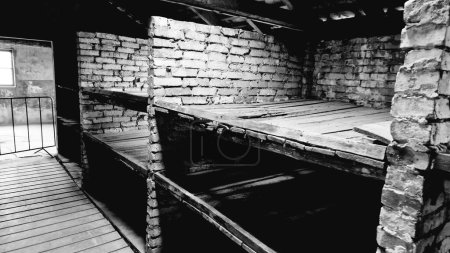 Foto de Una vista a escala de grises del interior del campo de concentración de Auschwitz en Oswiecim, Polonia - Imagen libre de derechos