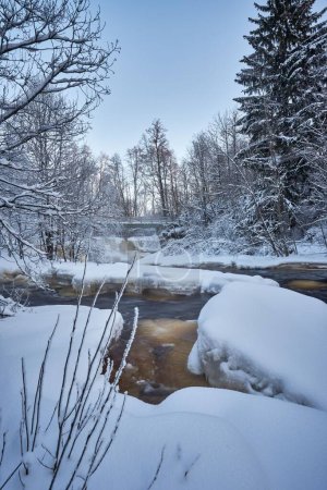 Téléchargez les photos : Paysage hivernal avec rivière traversant une forêt enneigée, longue exposition - en image libre de droit