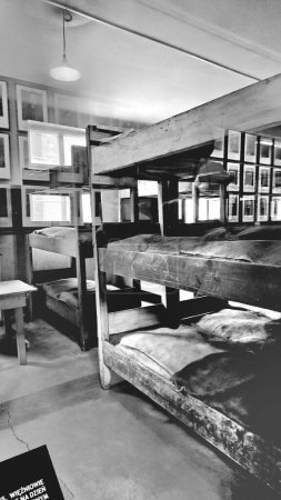 Foto de Vista vertical en escala de grises del interior de los cuarteles del campo de concentración de Auschwitz en Oswiecim, Polonia - Imagen libre de derechos