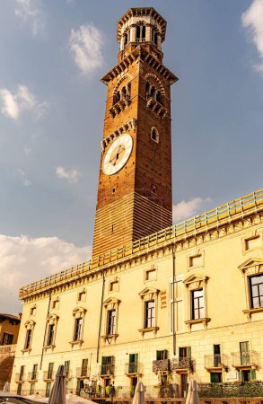 Photo for A vertical low angle of the Torre dei Lamberti located in Verona, Italy. - Royalty Free Image