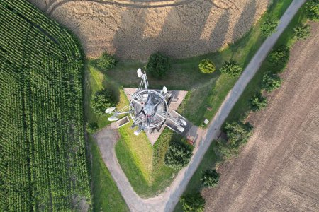 An aerial top view of the lookout tower Romanka by Hruby Jesenik village in Nymburk, Czech Republic