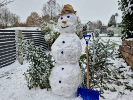 Téléchargez les photos : Un bonhomme de neige en hiver avec un chapeau, une carotte pour un nez et des boutons - en image libre de droit