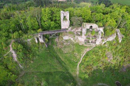 Photo for An aerial shot of the Zubstejn Castle Ruins surrounded by green trees in the Czech Republic - Royalty Free Image