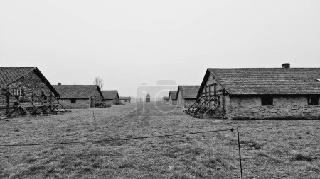 Foto de Una vista a escala de grises de los edificios en el campo de concentración de Auschwitz en Oswiecim, Polonia - Imagen libre de derechos