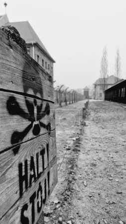 Photo for A vertical shot of a skull sign on a wooden board in Auschwitz concentration camp - Royalty Free Image