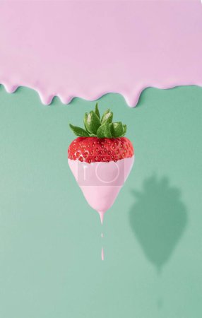 Photo for A vertical of a strawberry dripping with pink paint on a pink and green background. - Royalty Free Image